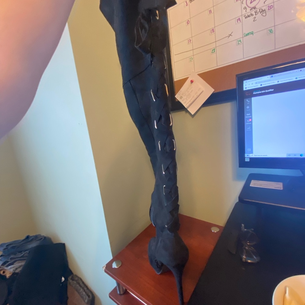 *NEW* ShoeDazzle Over The Knee Laceup 5in Suede Black Stiletto Boots - Picture 7 of 9